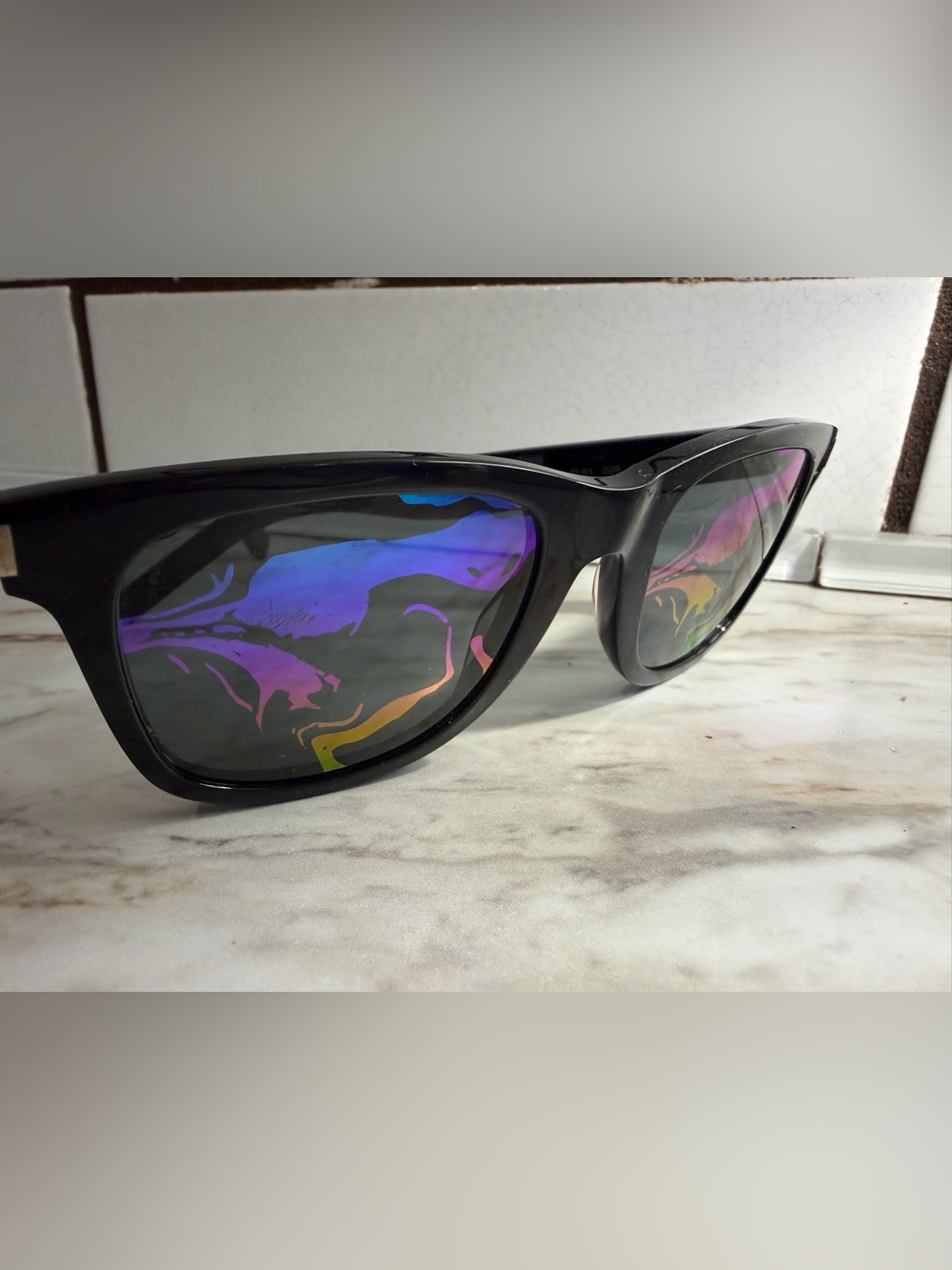 Saint Laurent Black Frame Sunglasses with Purple Mirrored Lenses - Picture 7 of 12